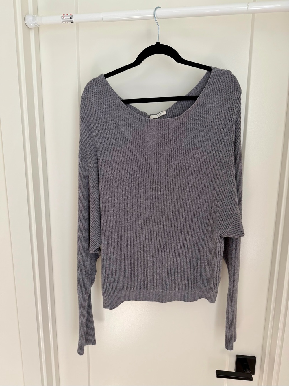 Women's Lightweight Ribbed Knit Sweater in Dusty Gray off shoulder.